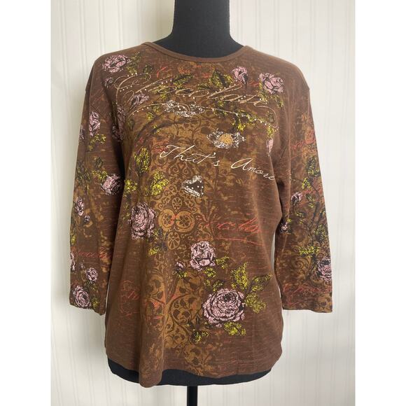 Studio Collection Rhinestones Novelty Parisian 3/4 Blouse Women's M Brown Y2K - Picture 1 of 9
